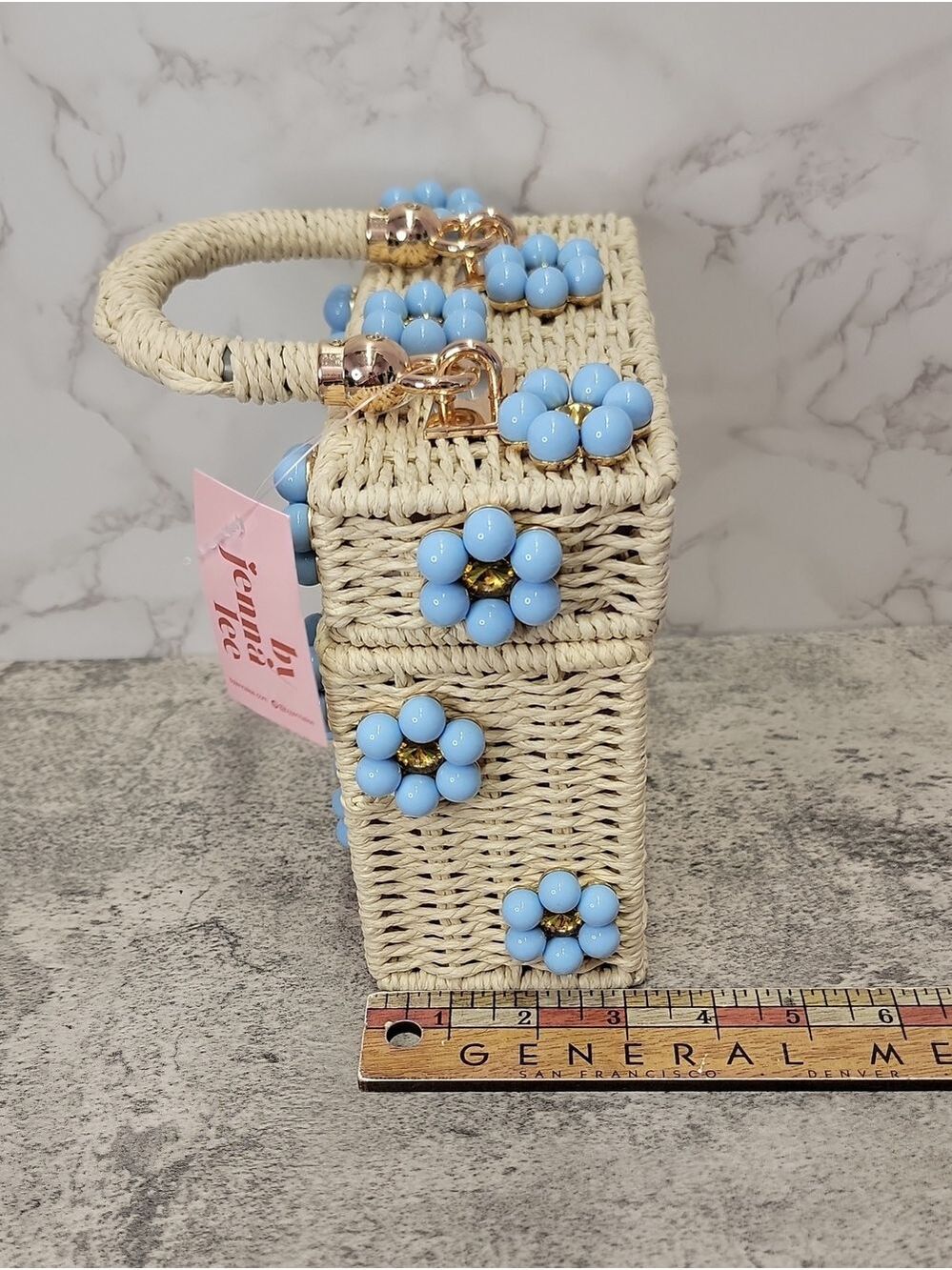 Daisy Embellished Straw Bucket Bag | Rattan Flower Box Purse by Jenna Lee - Picture 7 of 8